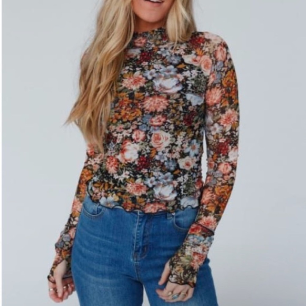New Floral Mesh Boho Long Sleeve Top